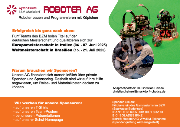 Spendenflyer für Europa- und Weltmeisterschaft der Roboter AG am BZ Markdorf